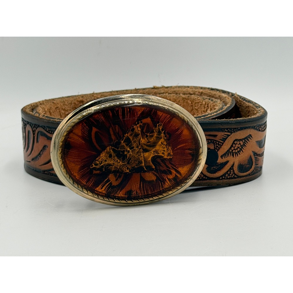 Beaver Buckle Co Belt Brown Tooled Leather Floral Arrowhead Buckle 38